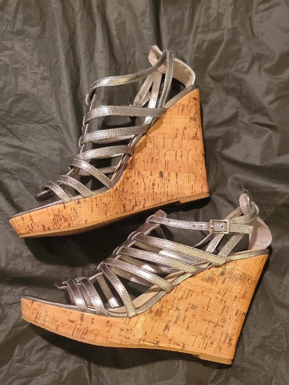 Enzo Angiolini Metallic Silver Strappy Wedge Sandals